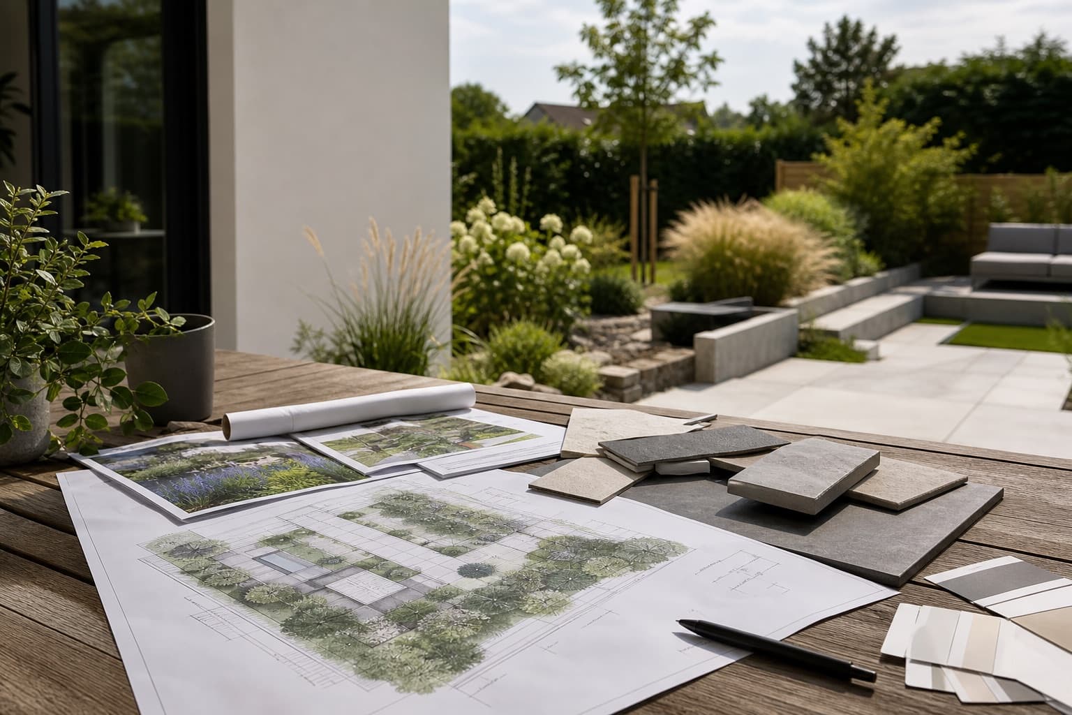 Gartenplanung mit Materialmustern und Blick auf einen gestalteten Außenbereich