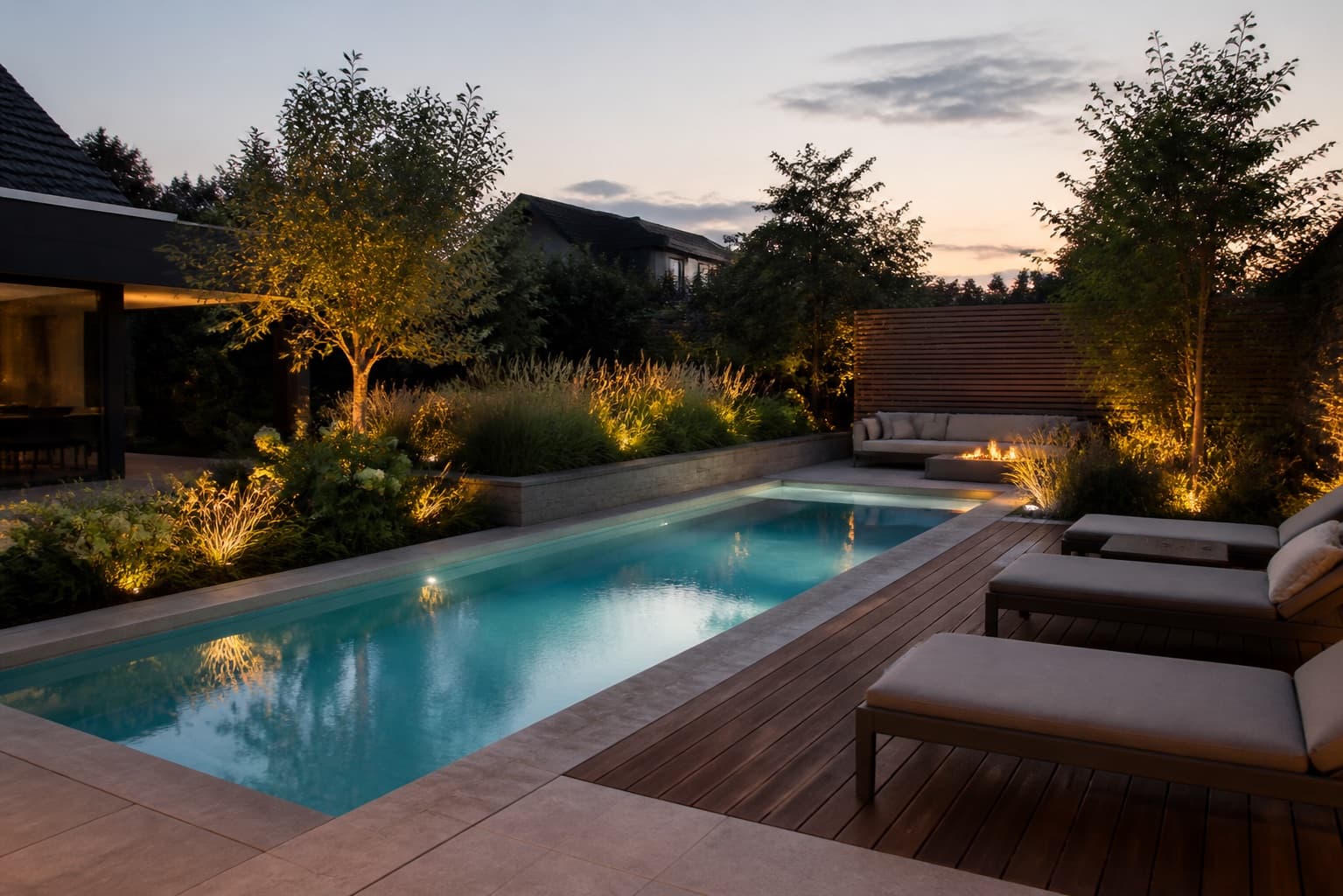 Poolbereich mit Holzdeck, Steinbelag, Gräsern und Sichtschutz