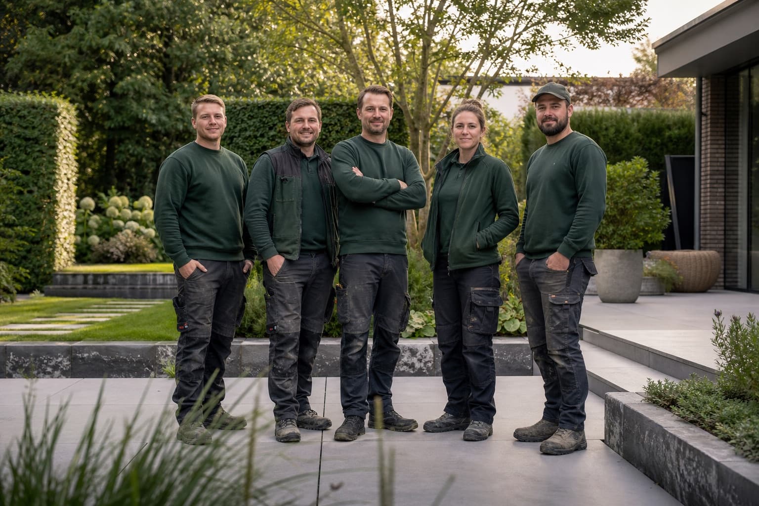 Team von TerraViva Gartenbau auf einer fertiggestellten Gartenbaustelle